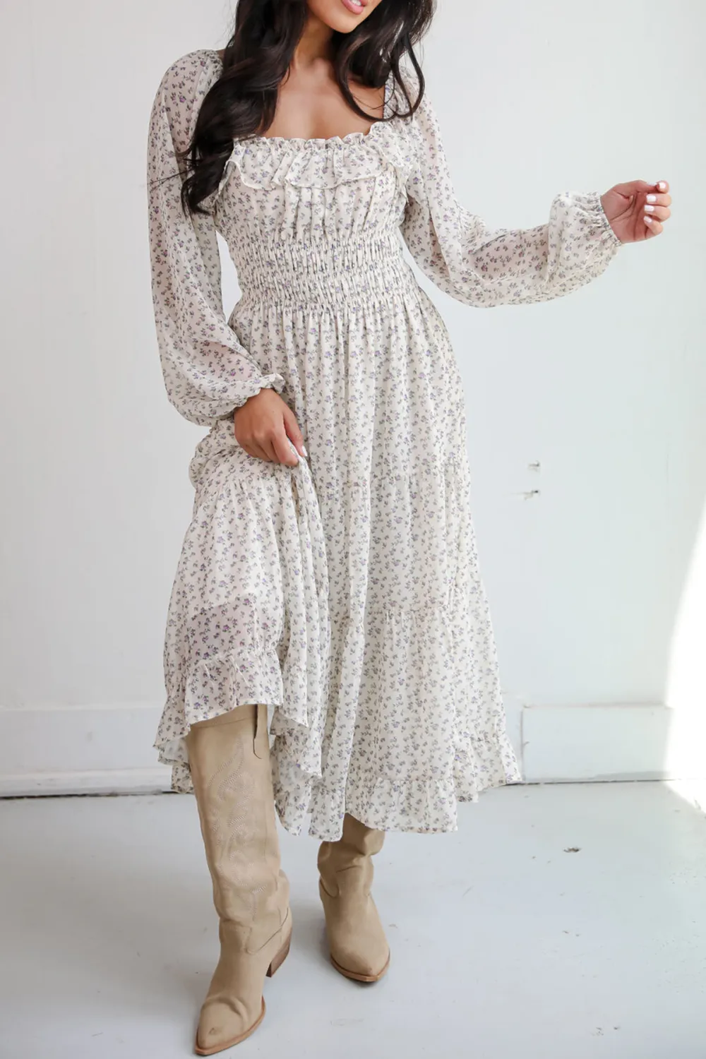 Cream Floral Print Midi Dress