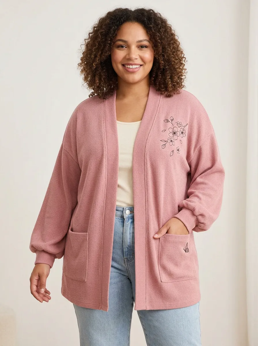 Women's Floral Butterfly Pink Ribbed Printed Casual Cardigan