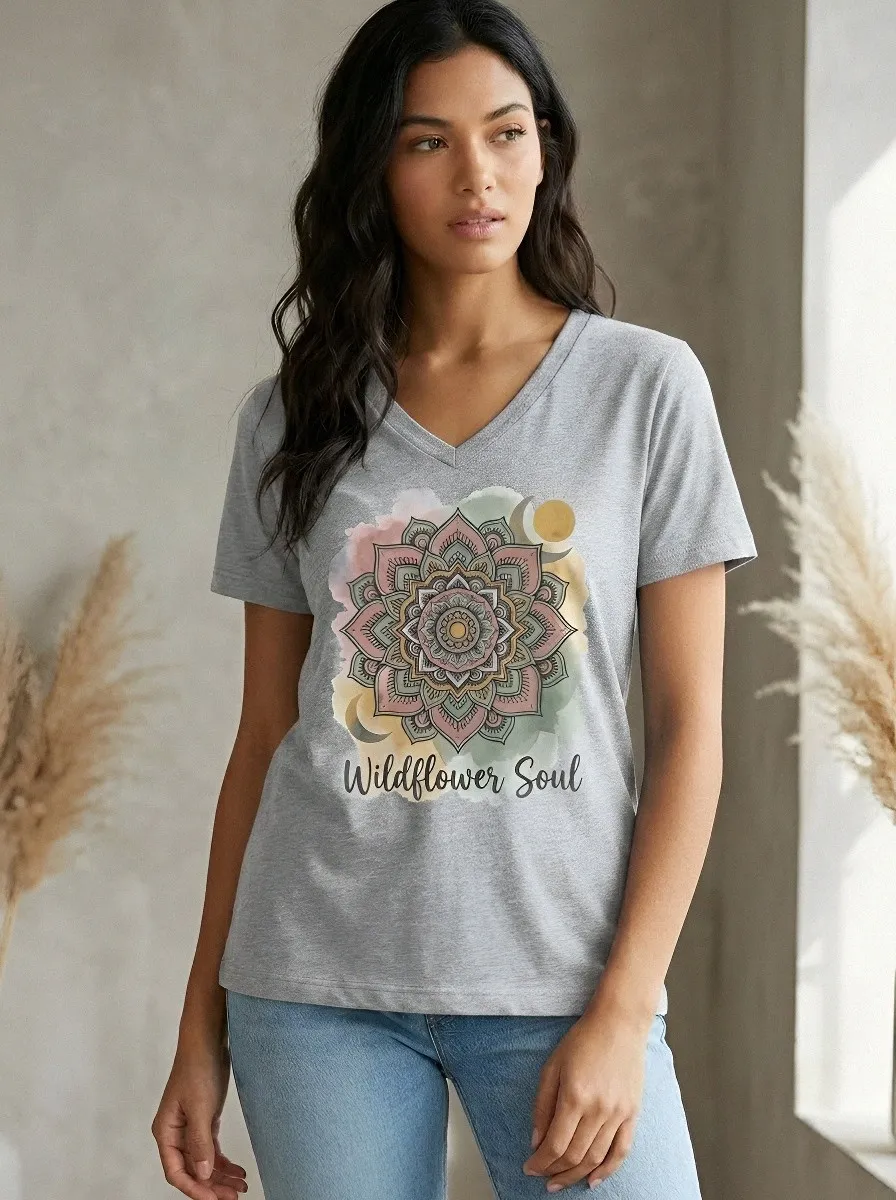 Women's Wildflower Soul Mandala Watercolor Printed V-neck T-shirt