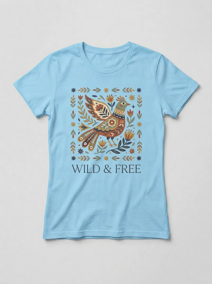 Wild And Free Folk Art Bird Floral T-Shirt