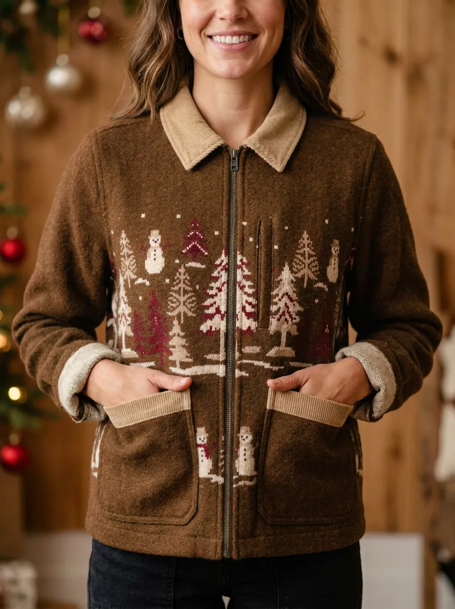 Christmas Holiday Snowman Tree Pattern Print Jacket