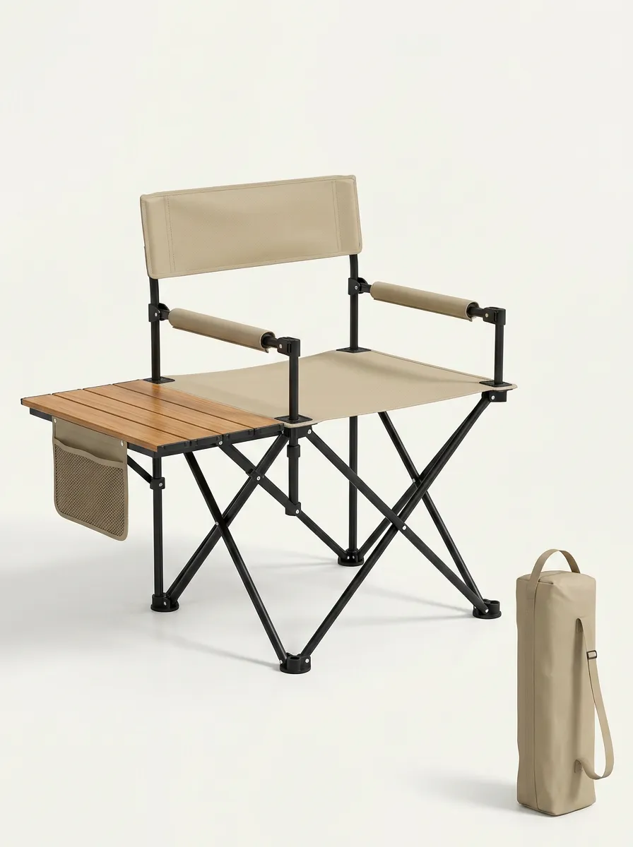 Foldable Camping Chair with Wooden Side Table