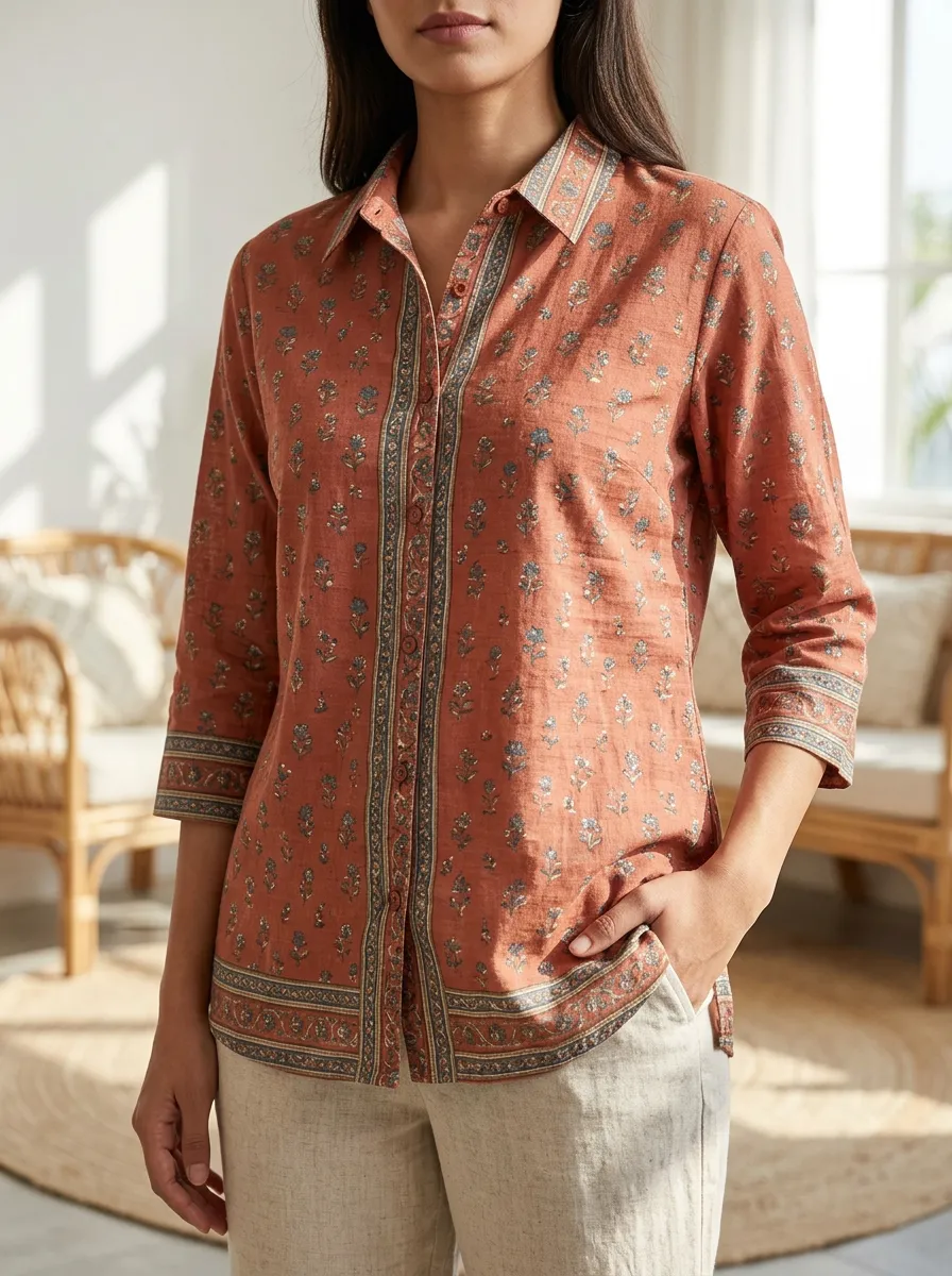 Women's Boho Floral Pattern Rust Orange Printed Shirt