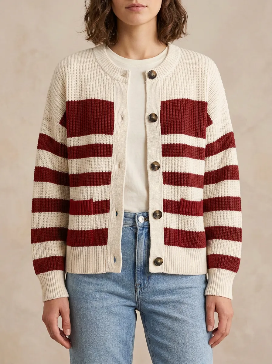 Modern Distinctive Rugby Striped Knit Cardigan
