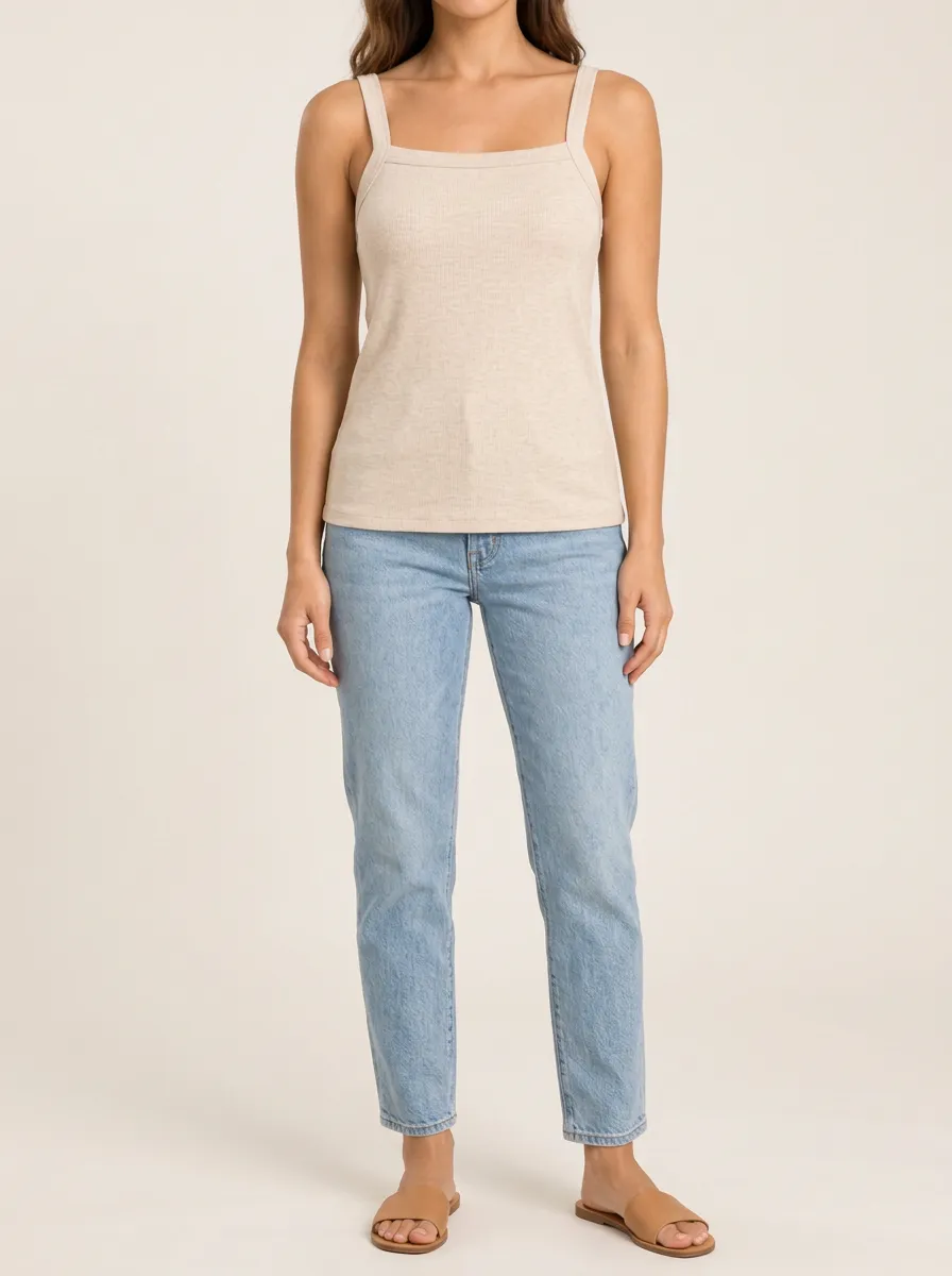 Women's Refined Layered Square Neck Wide Strap Ribbed Straight Hem Camisole Top