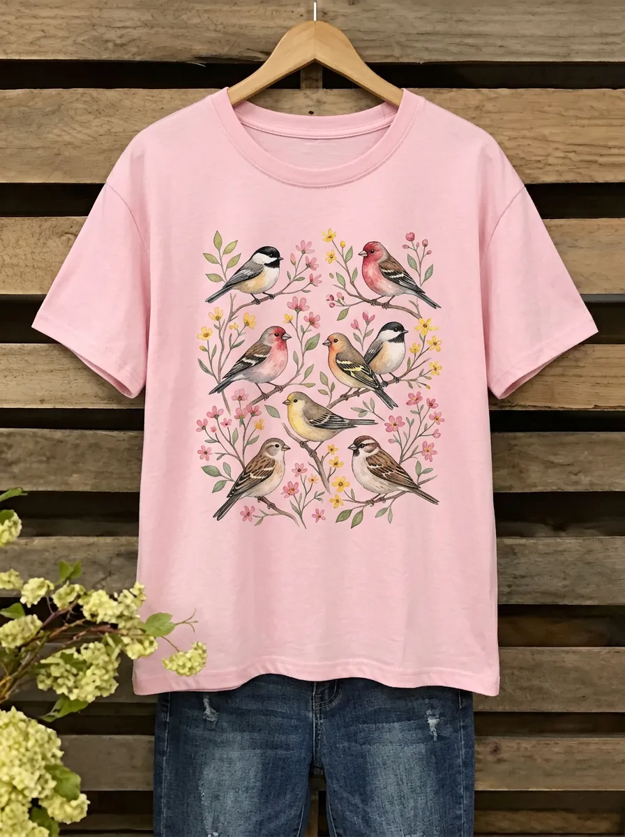Garden-Inspired Bird Women's Loose Printed T-Shirt