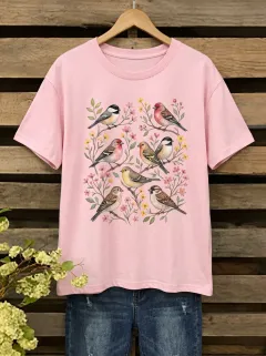 Garden-Inspired Bird Women's Loose Printed T-Shirt
