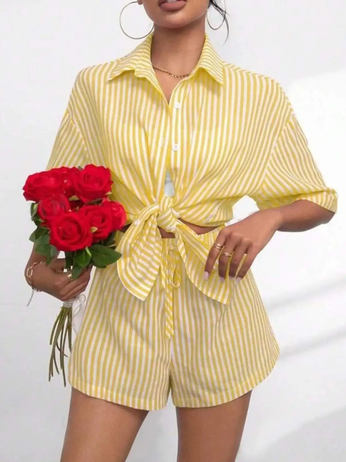 Refined Striped Shirt and Shorts Matching Set