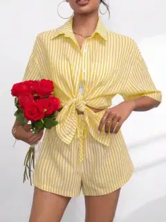 Refined Striped Shirt and Shorts Matching Set
