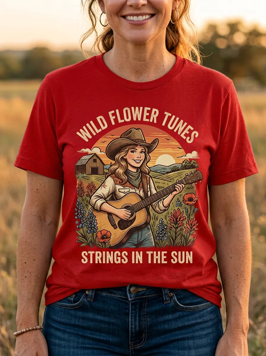 Guitar Cowgirl Wildflower Country Music Graphic T-Shirt