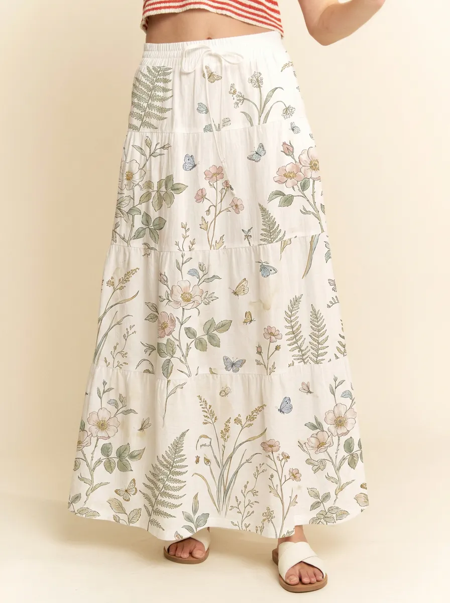 Women's Botanical Butterfly Floral Printed Tiered Maxi Skirt