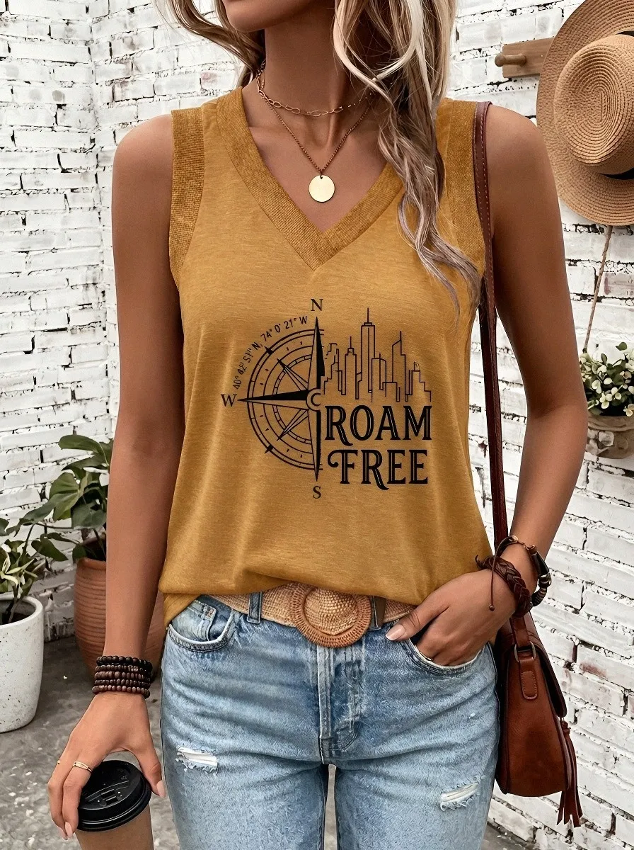 Women's Travel Lover Compass City Skyline Roam Free Printed Tank Top