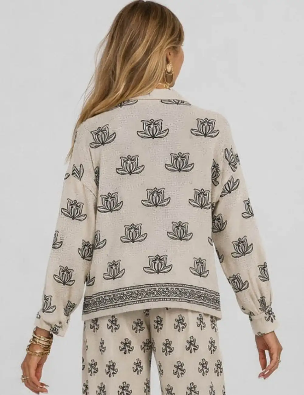 Boho Embroidery Collared Long Sleeve Blouse
