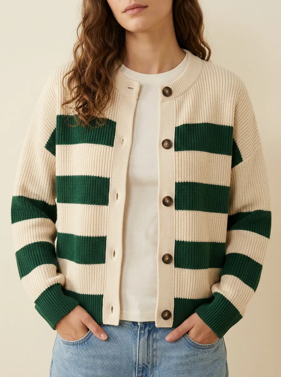 Open Front Rugby Striped Knit Cardigan