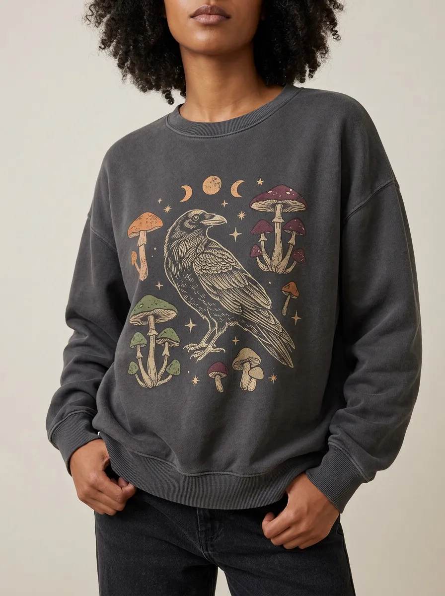 Women's Halloween Witchy Raven Mushroom Moon Printed Sweatshirt