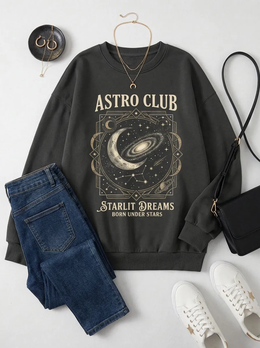 Women's Astro Club Galaxy Moon Starlit Dreams Printed T-shirt