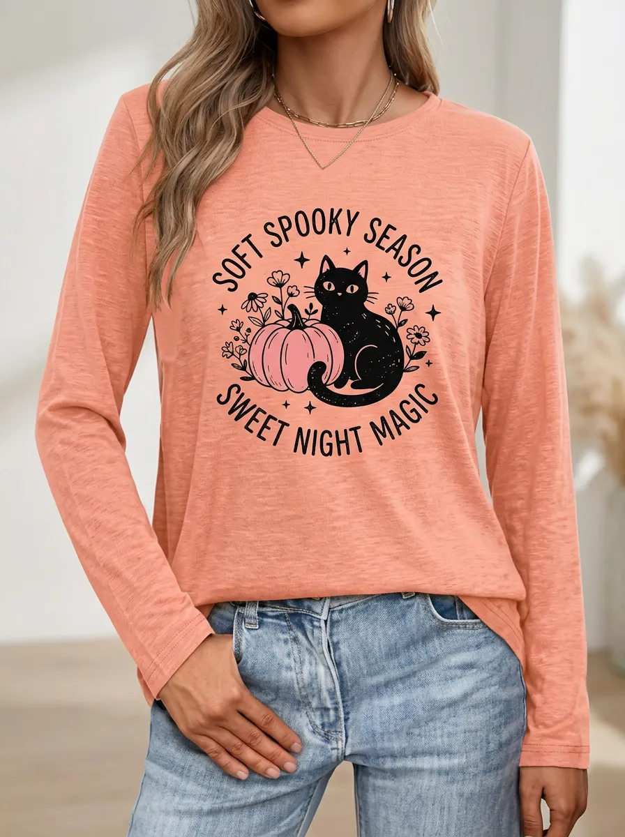 Ghost-Club Pumpkin -Cat Halloween Cotton Linen Long Sleeve Top