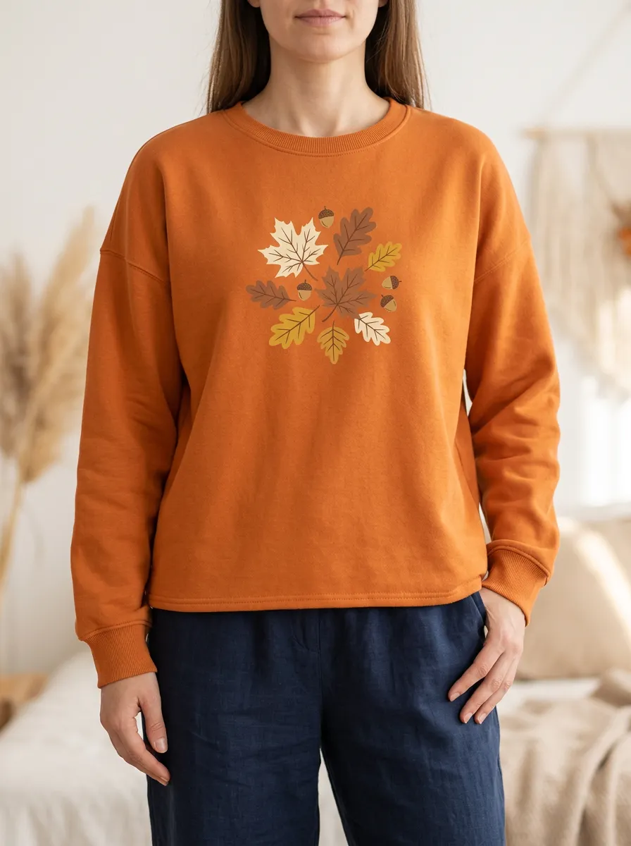 Soft Style Maple-Leaf Printed Acorn Graphic Sweatshirt