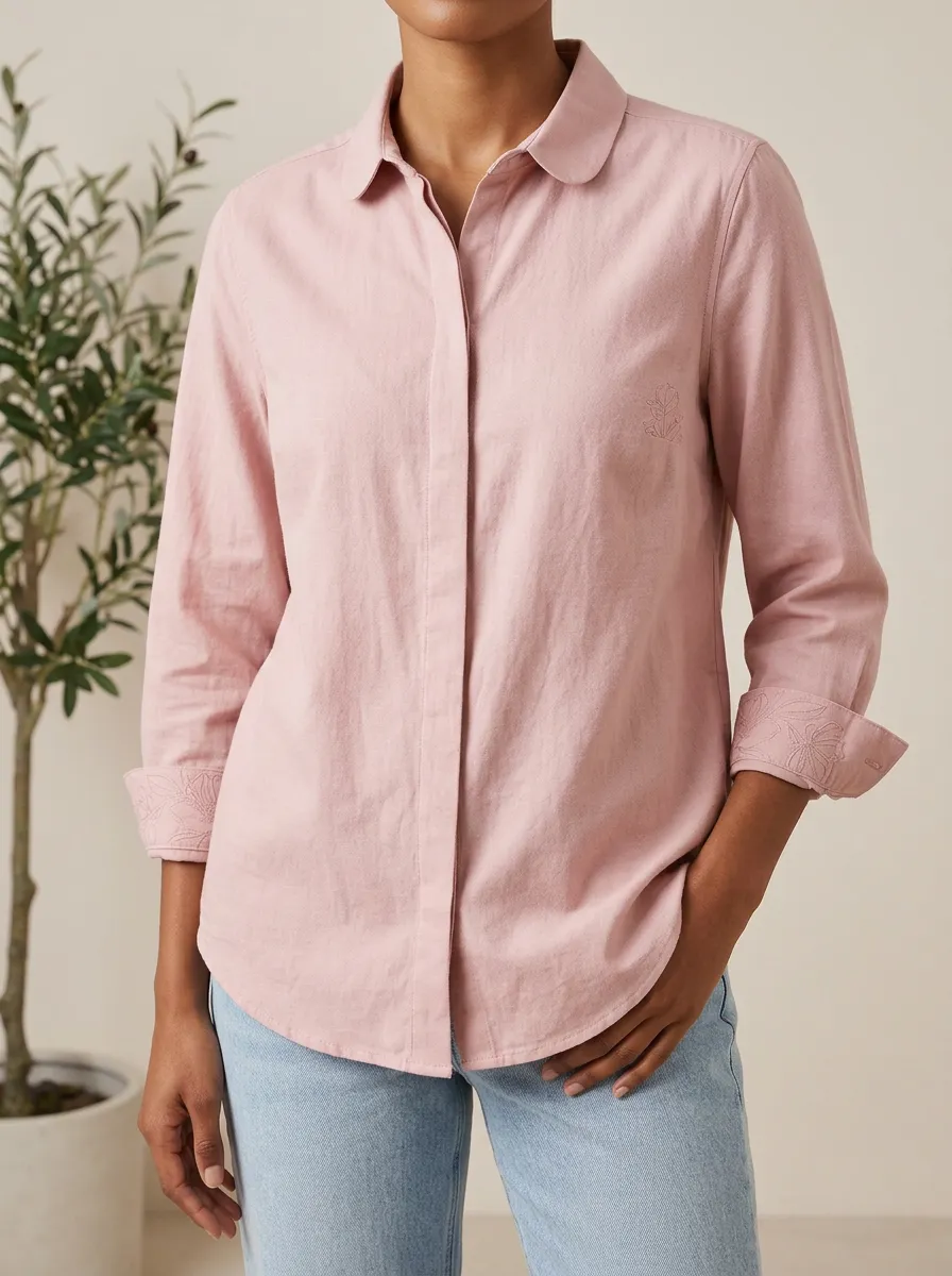 Women's Pink Floral Embroidery Detail Printed Shirt