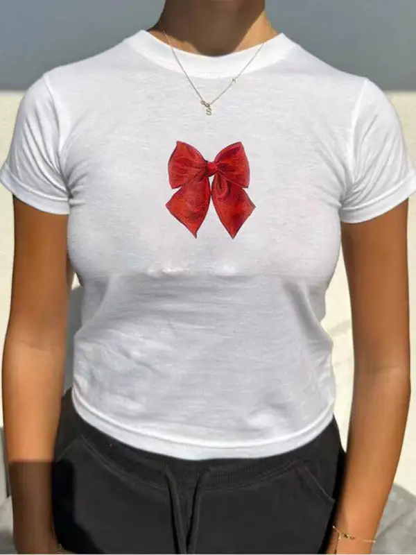 Refined Round-Neck Short-Sleeve Bow-Detail Knit T-Shirt
