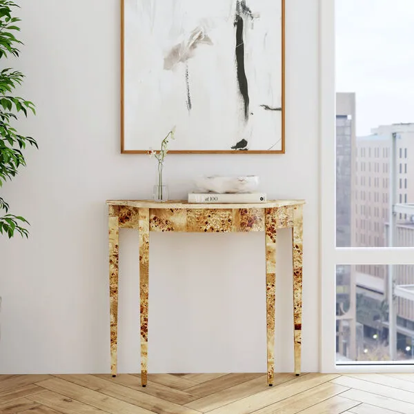 Demilune Curved Burlwood Wood Console Table
