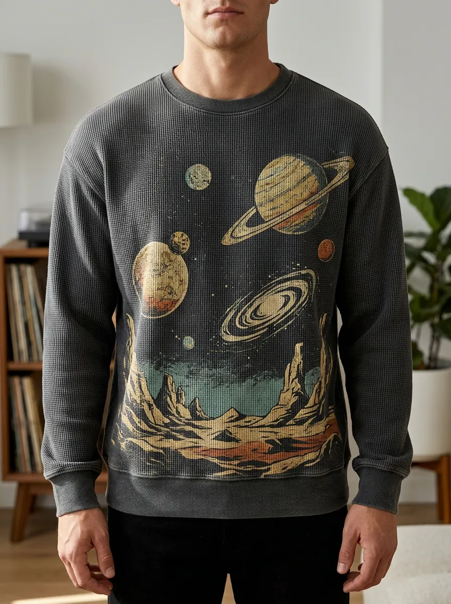 Men's Space Astronomy Planet Landscape Waffle Zip Hoodie