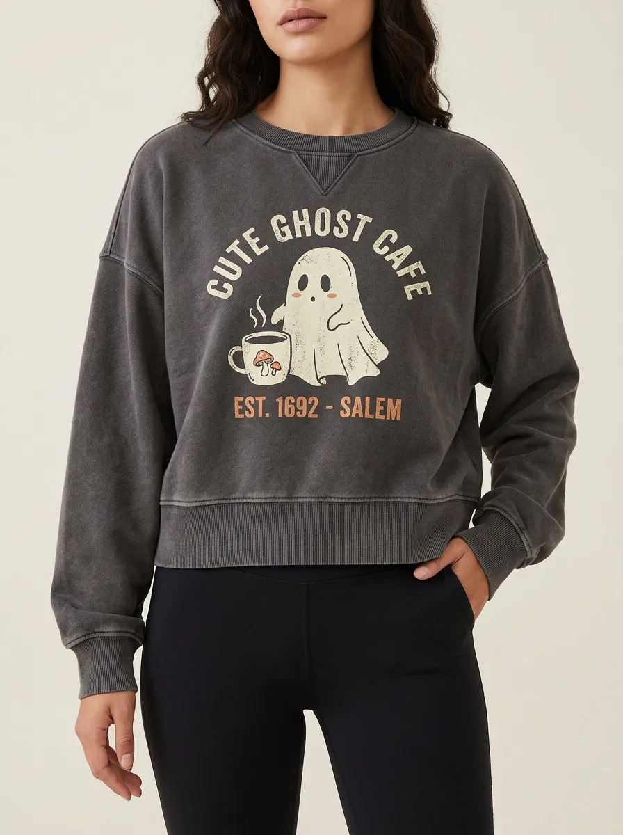 Women's Halloween Ghost Coffee Mushroom Printed Sweatshirt