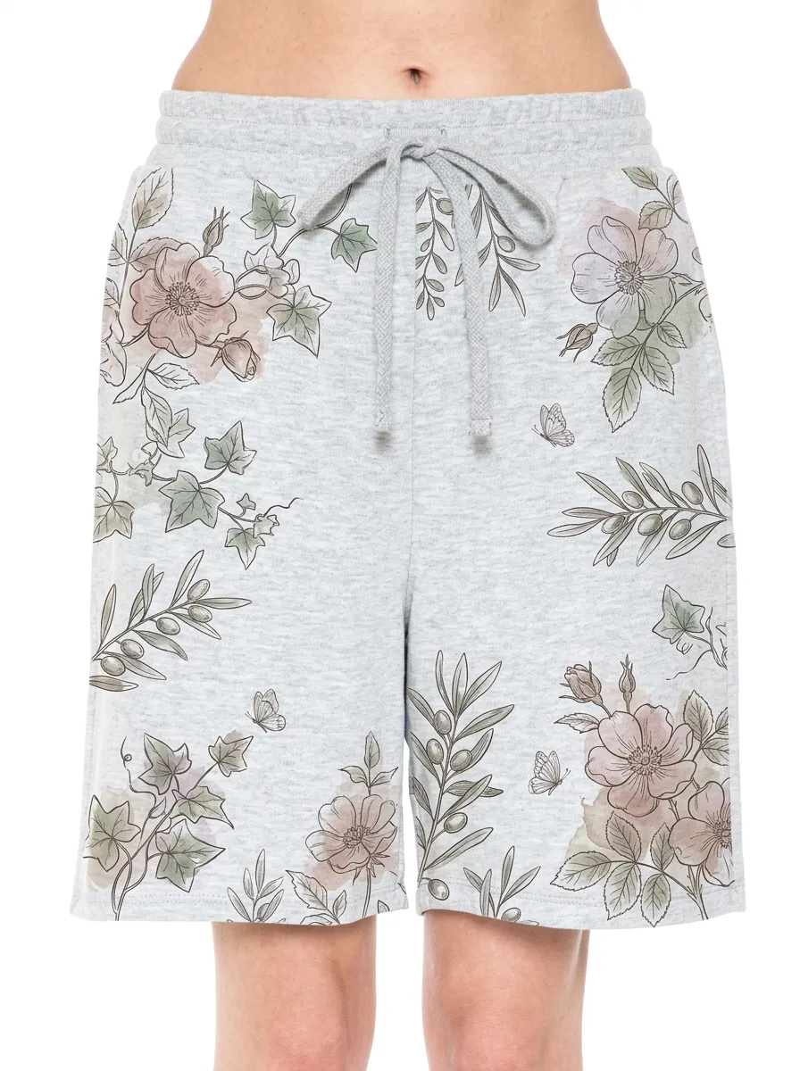 Women's Botanical Floral Olive Branch Butterfly Printed Shorts