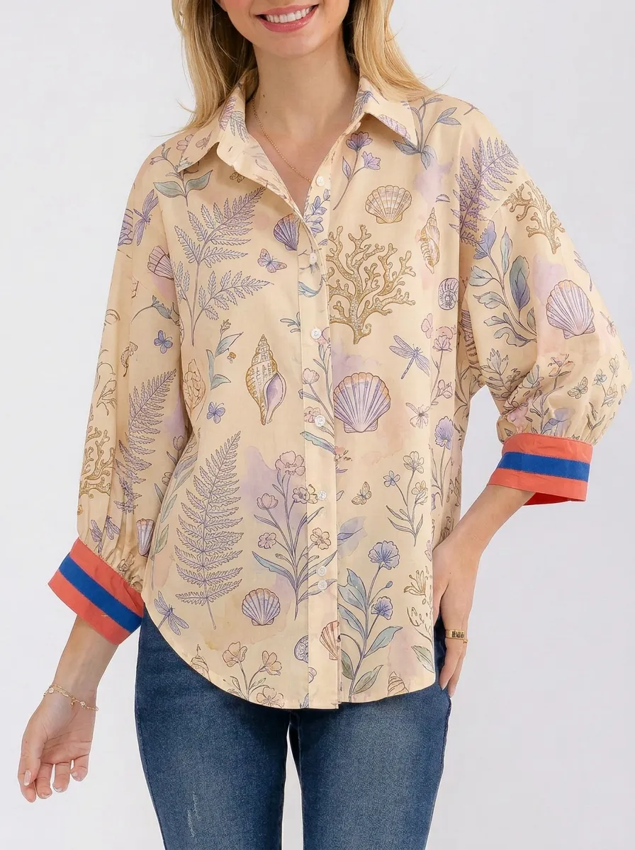 Women's Coastal Beach Shell Fern Printed Button-Down Shirt