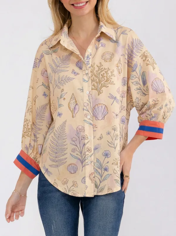 Women's Coastal Beach Shell Fern Printed Button-Down Shirt