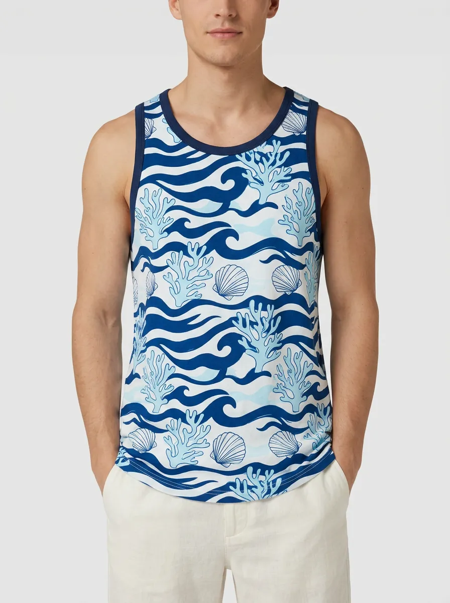 Men's Beach Summer Ocean Coral Seashell Printed Tank Top
