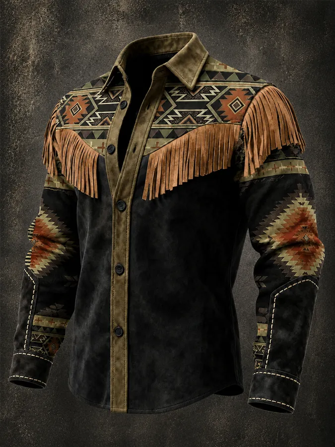 Men's Vintage Printed Tassel Splicing Shirt