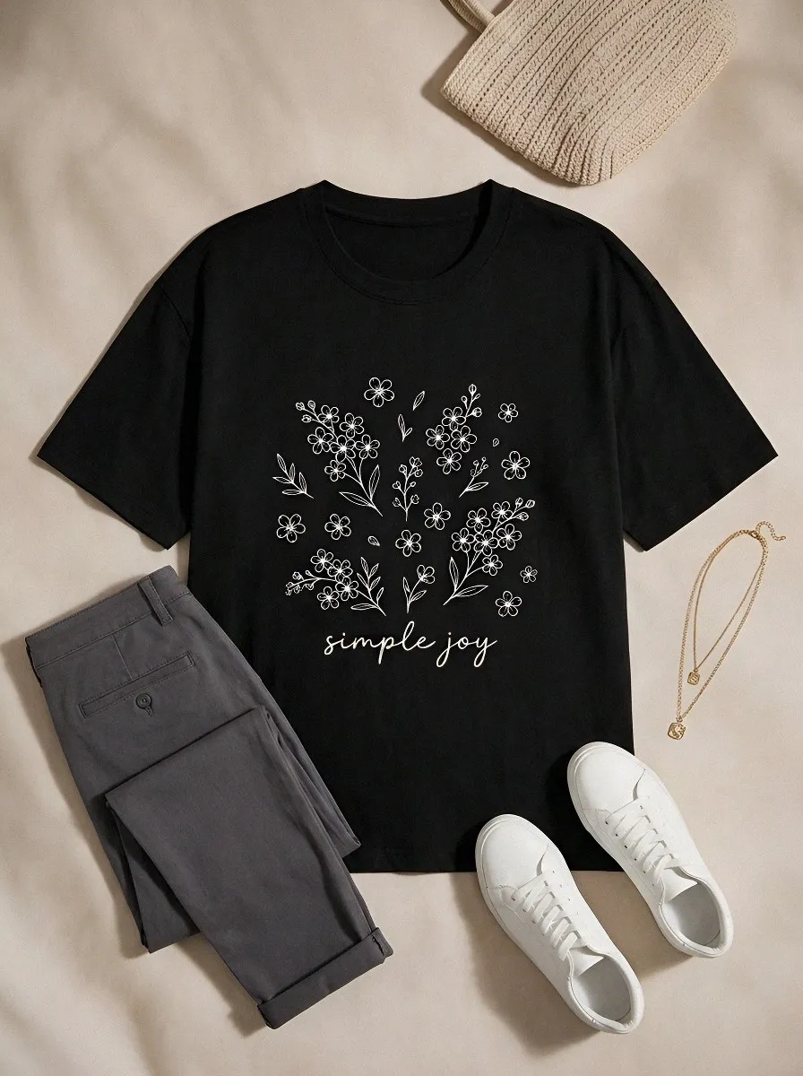 Women's Simple Joy Floral Botanical Line Art Printed T-shirt