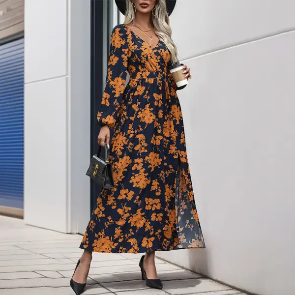 Women's V-Neck Floral Ruffled Bridal Maxi Dress