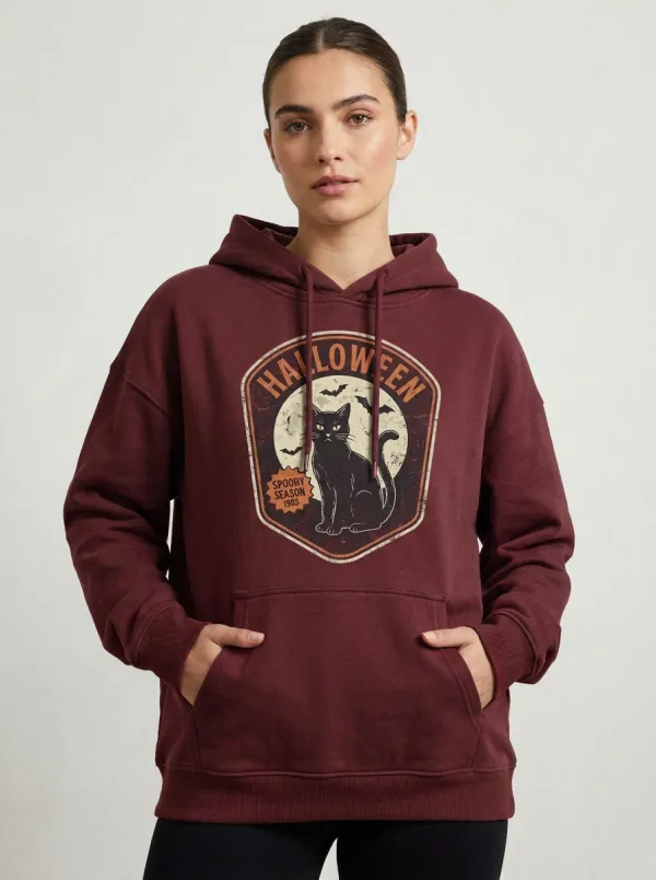 Women's Halloween Black Cat Moon Bats Printed Hoodie