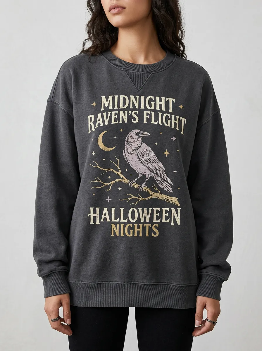 Women's Halloween Raven Moon Branch Printed Sweatshirt