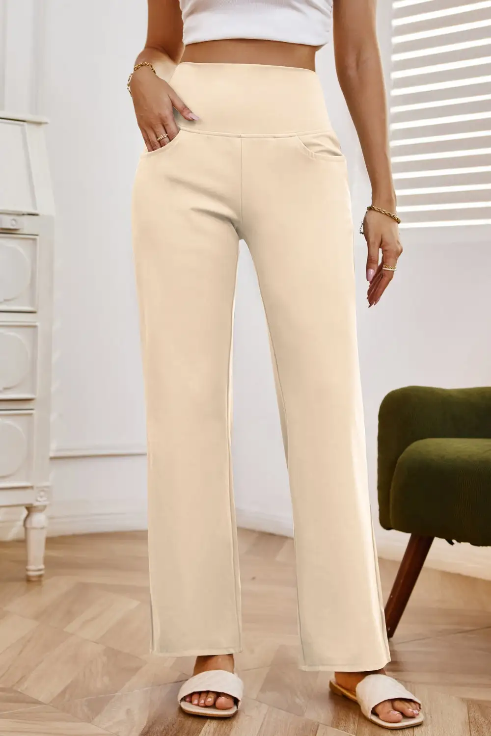 Relaxed High Waist Wide Leg Pants With Pocket
