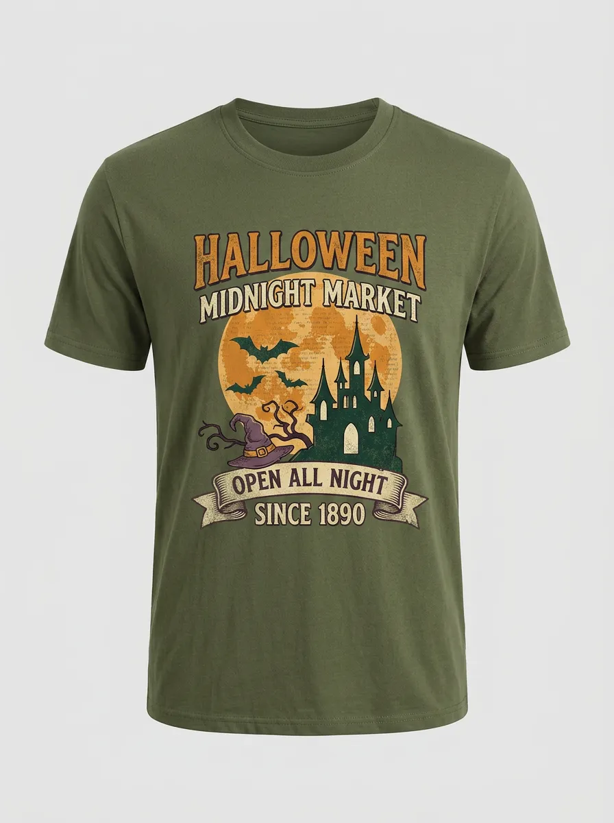 Men's Halloween Midnight Market Castle Moon Printed T-shirt