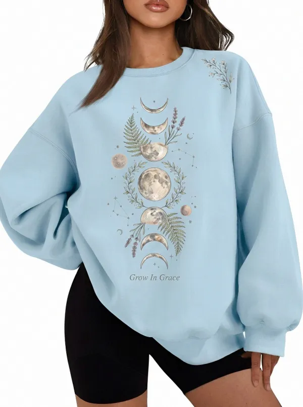 Women's Celestial Moon Phase Botanical Printed Sweatshirt