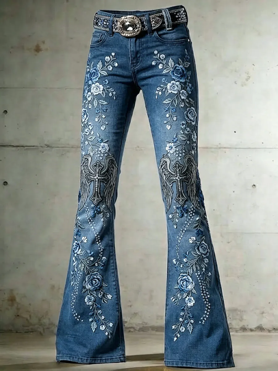 Ladies' Casual Trumpet Pants With Floral Wings And Cross Pattern