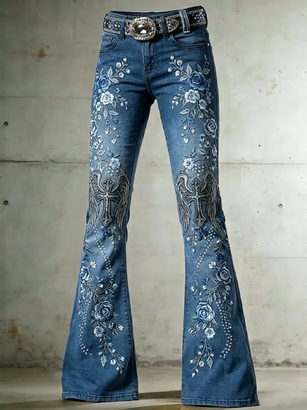 Ladies' Casual Trumpet Pants With Floral Wings And Cross Pattern