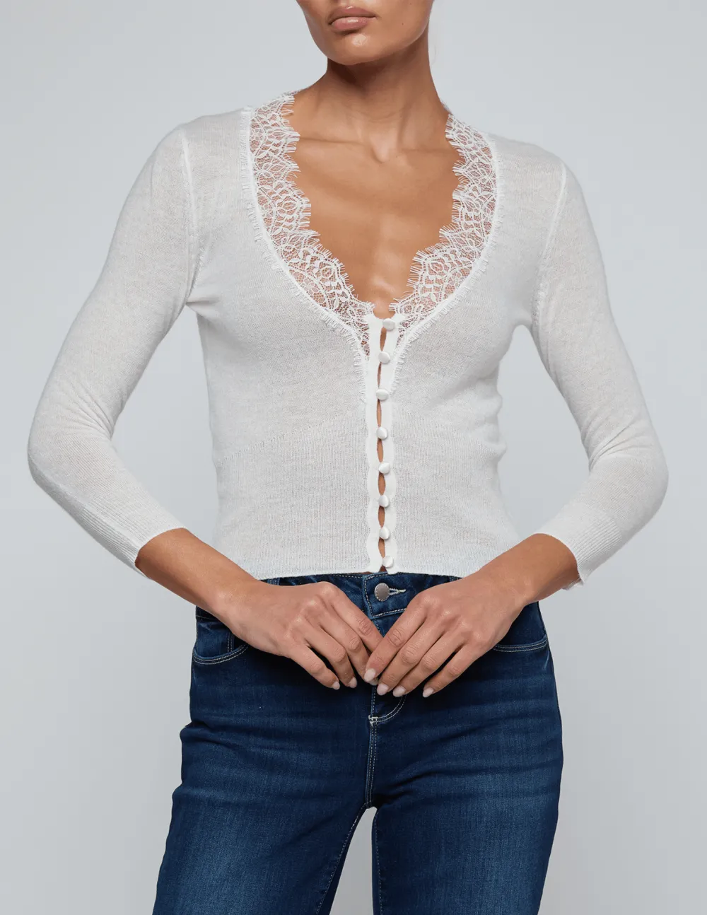 Classic Silk-Blend Button-Front Slim-Fit Lace-Trim Cardigan