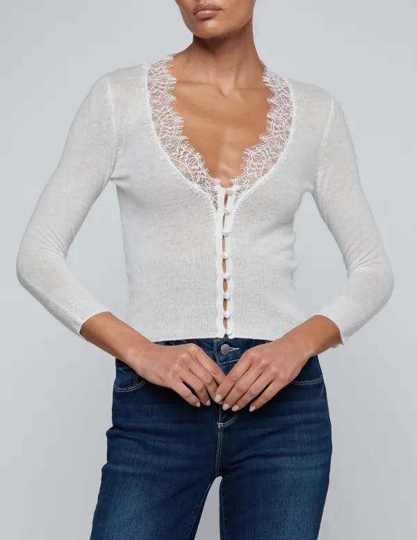 Classic Silk-Blend Button-Front Slim-Fit Lace-Trim Cardigan