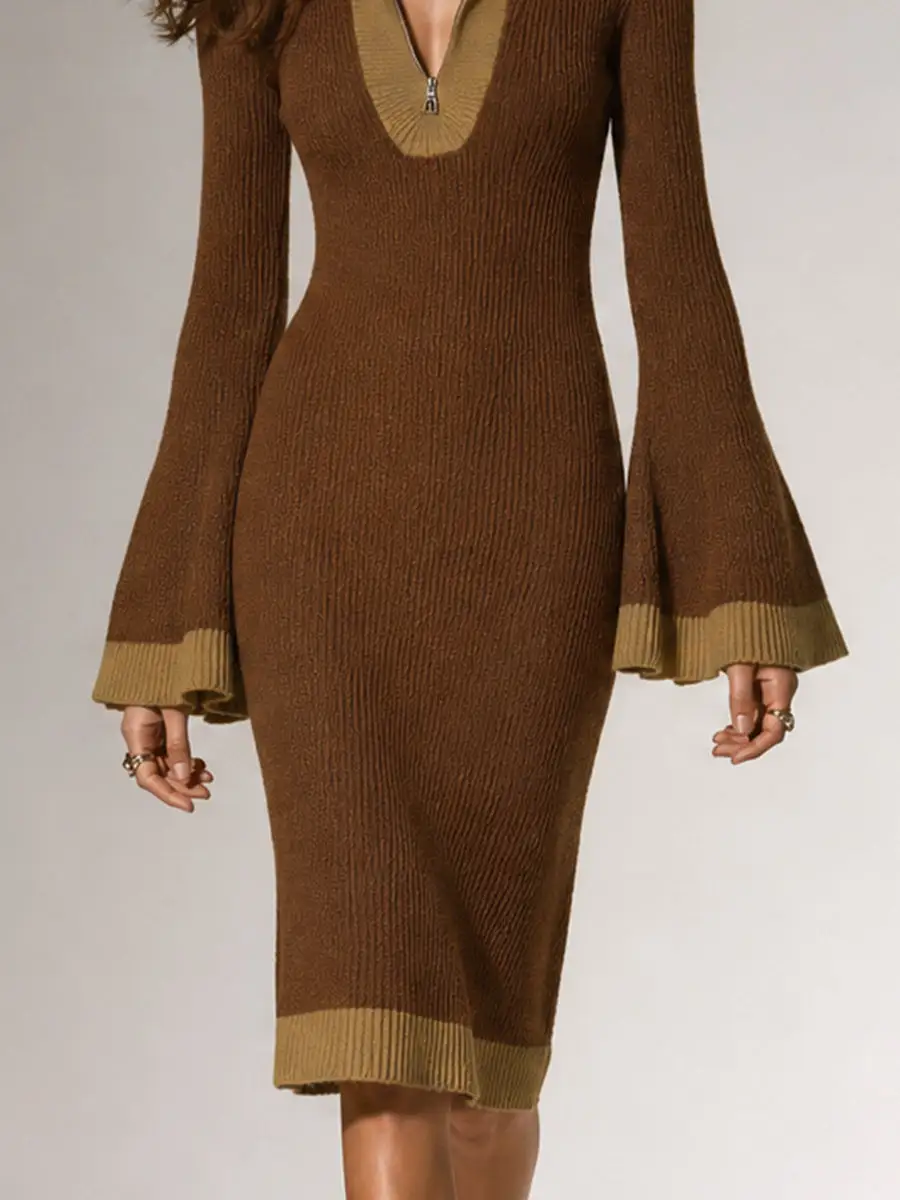 Brown Colorblock Flare Sleeve Knit Dress