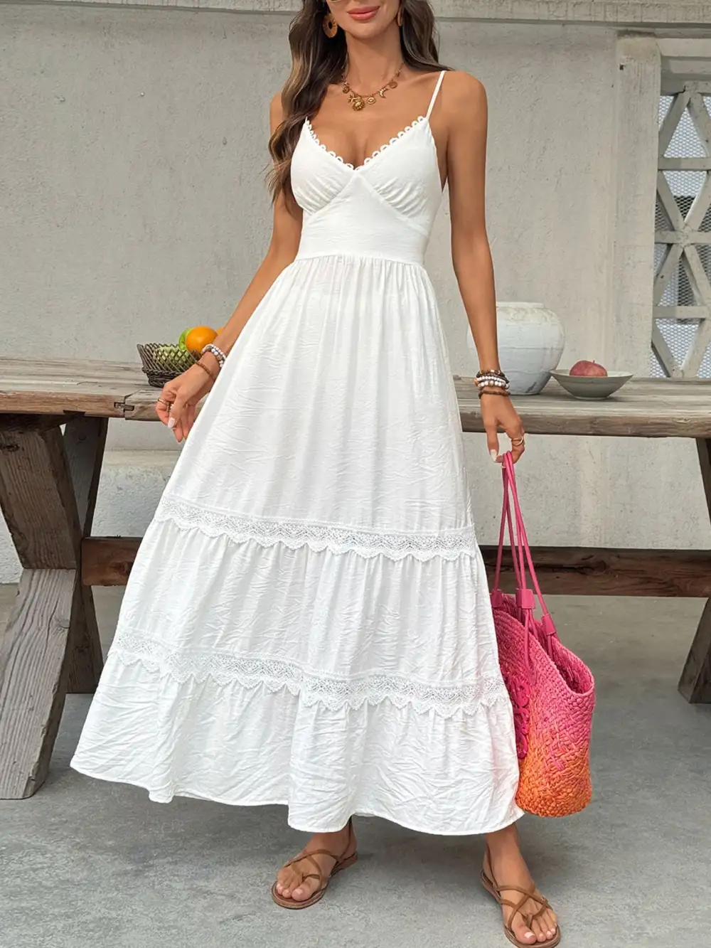 V Neck Tiered Maxi Dress