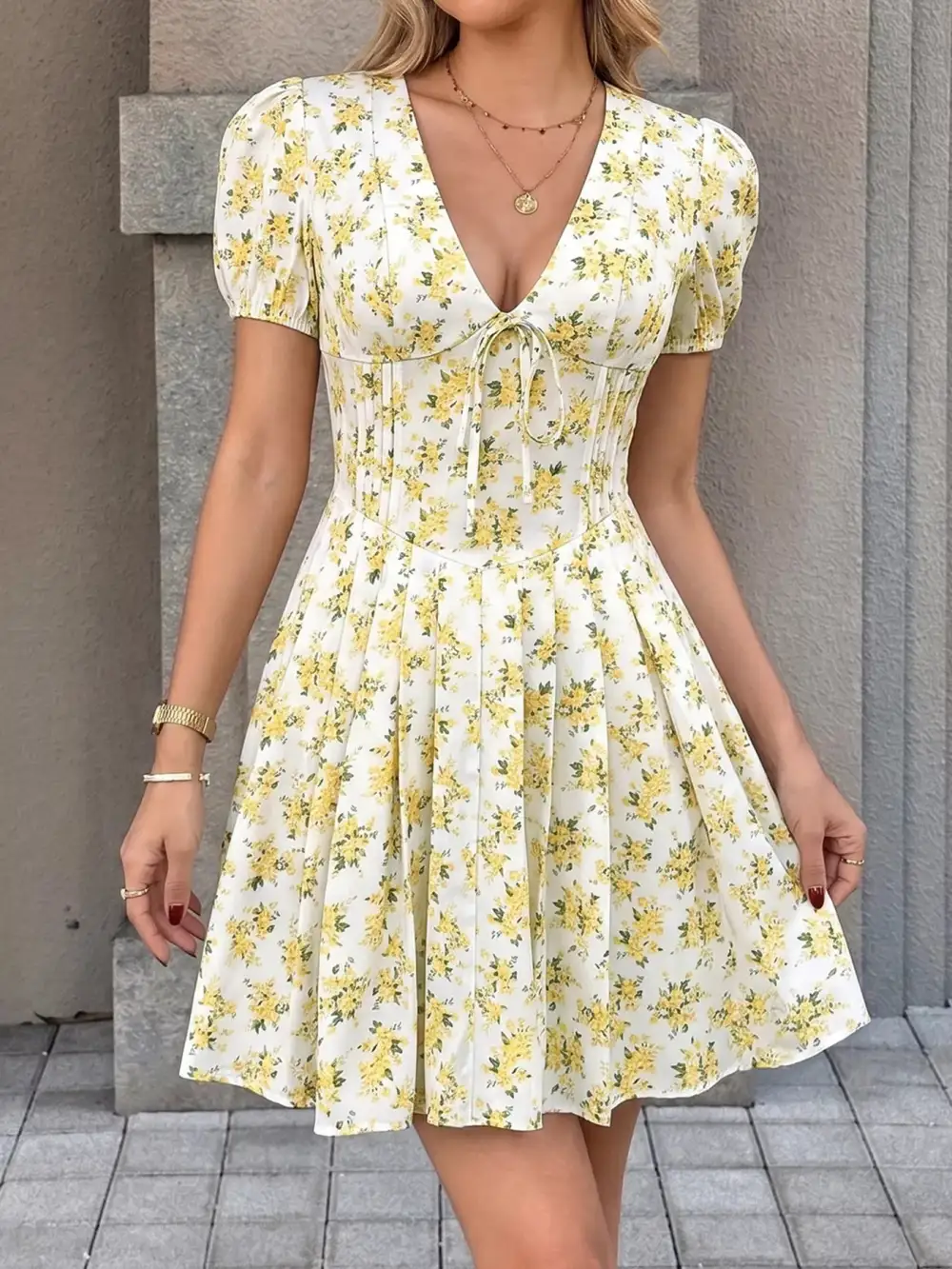 Elegant V Neck Floral Mini Dress