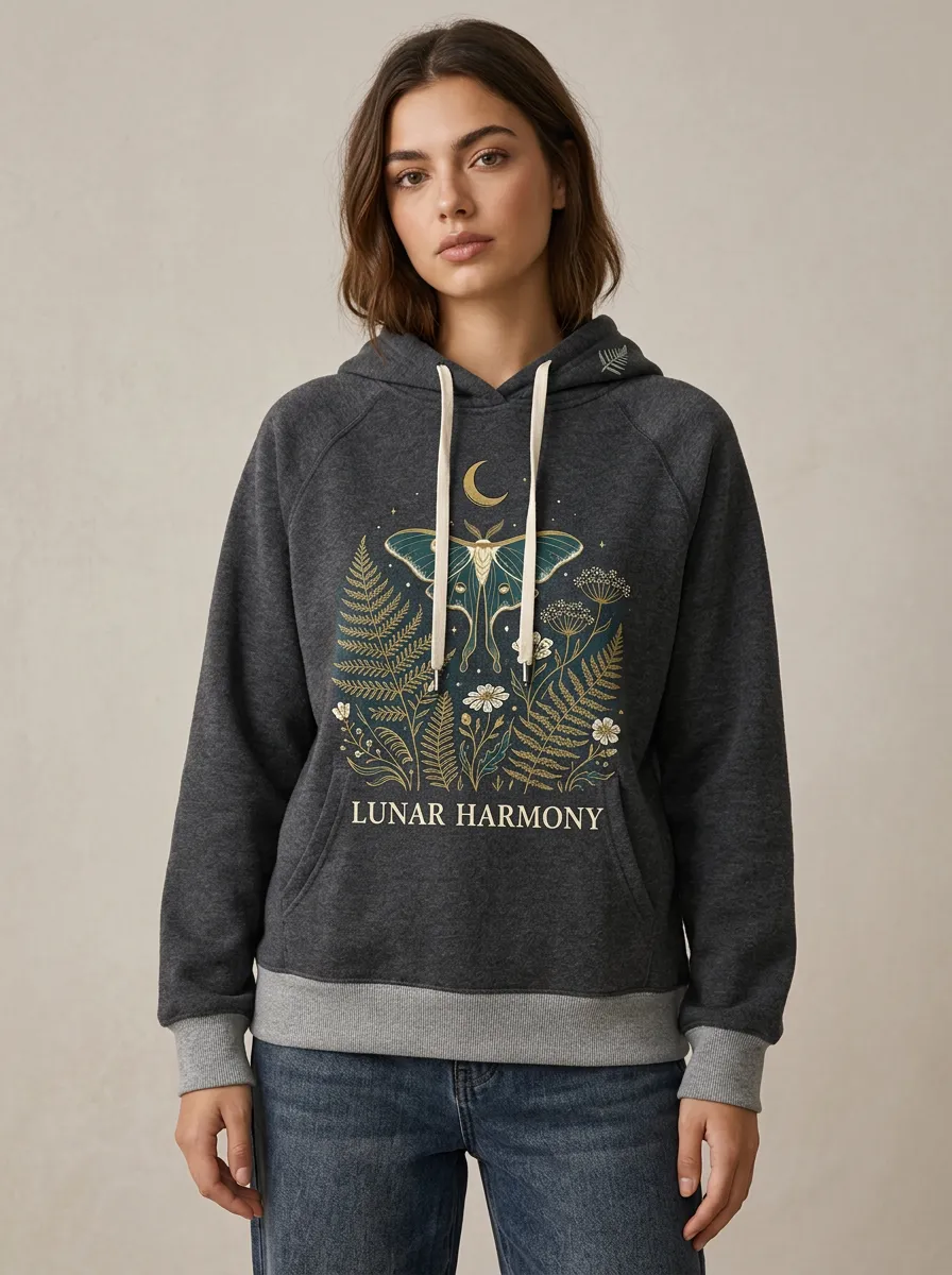 Women's Celestial Moth Fern Botanical Lunar Harmony Printed Hoodie