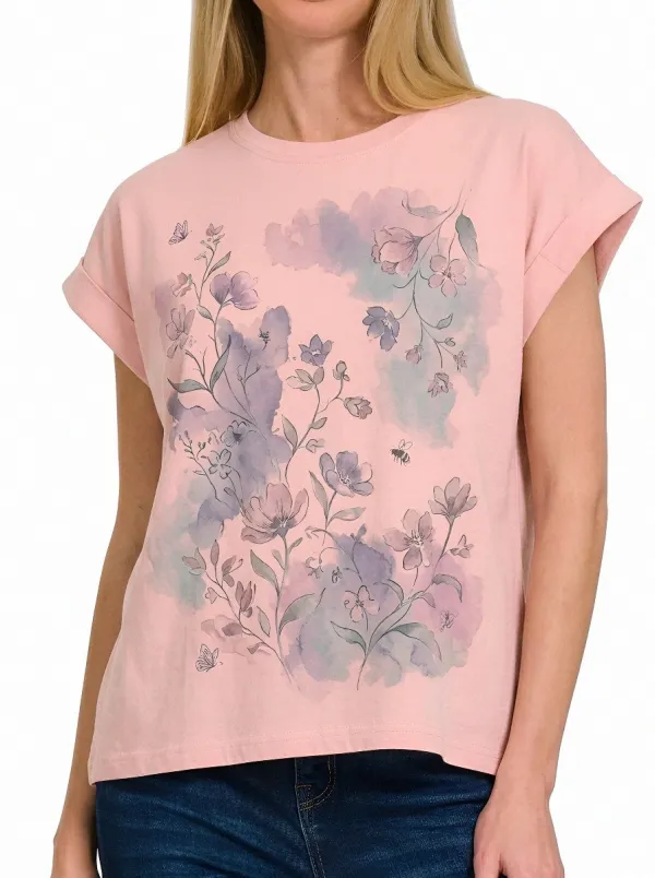 Women's Nature Lover Watercolor Floral Bee Printed T-shirt