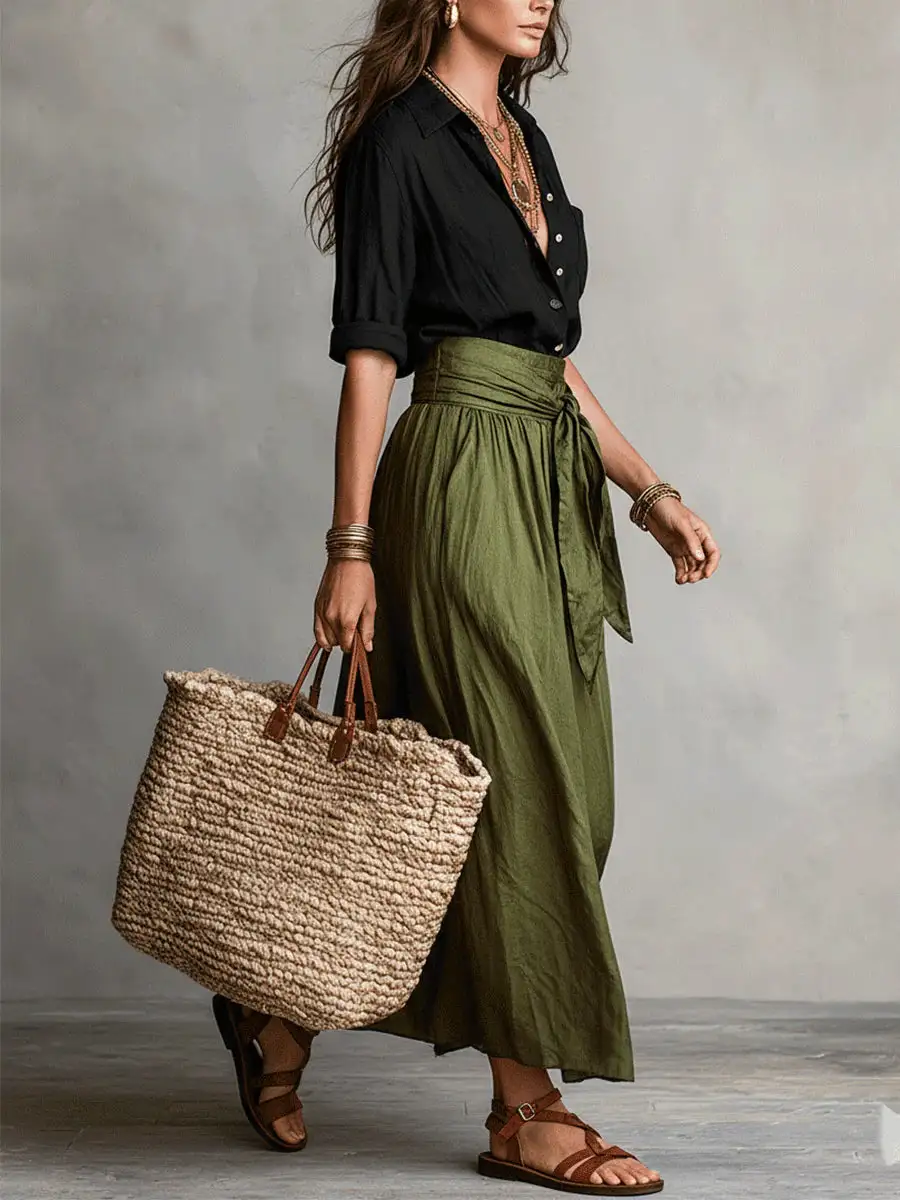 SAGE | Two-Piece Set: Black Top and Olive Green Midi Skirt