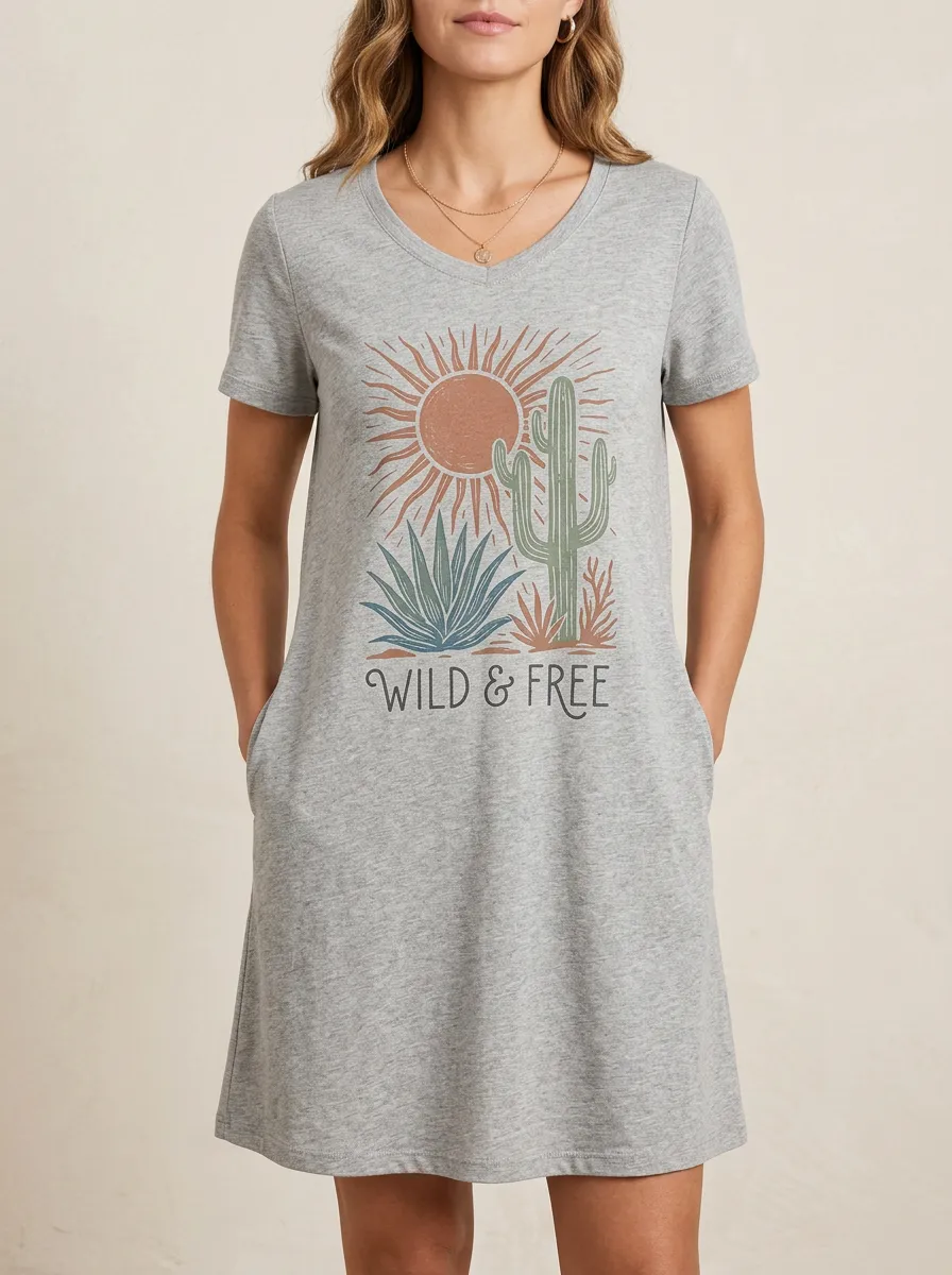 Desert Boho Wild And Free Cactus Sun T-Shirt Dress